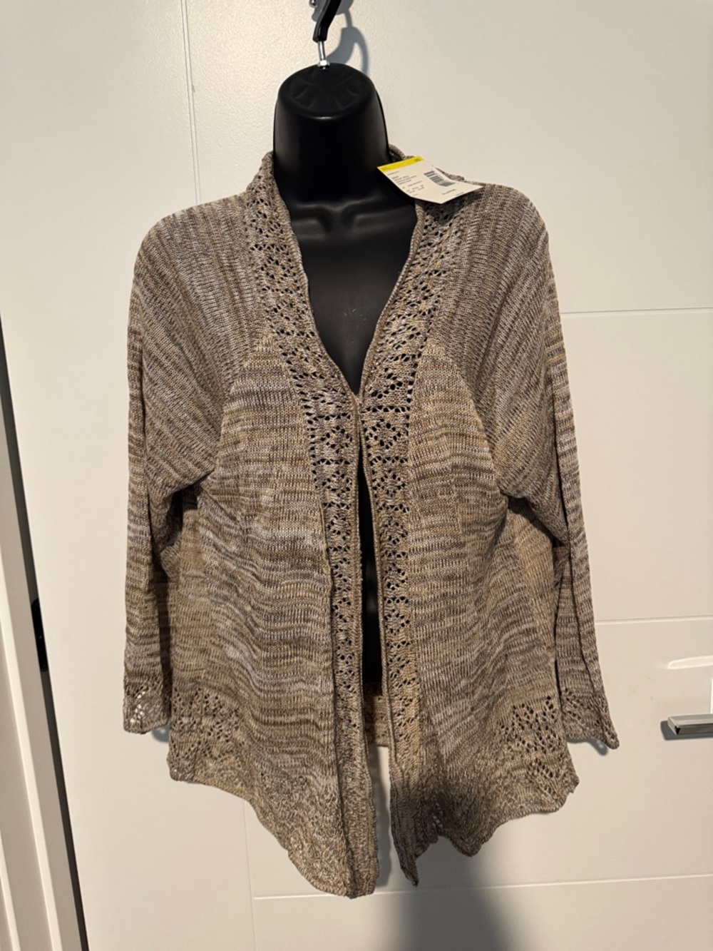 Laura Scott Taupe Open-Front Cardigan with Lace Trim